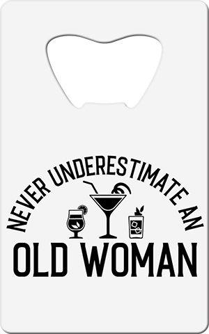 Old Woman Bartender Card Bottle Opener Front