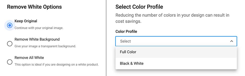 Choose your artwork options — remove white and select color profile