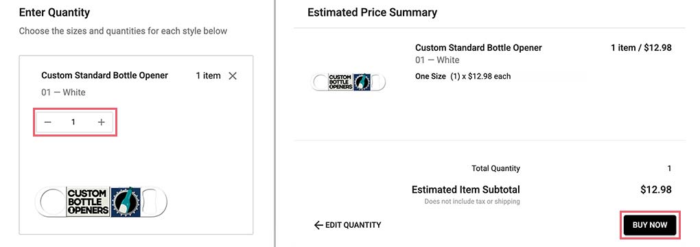 Choose quantity, check price and checkout