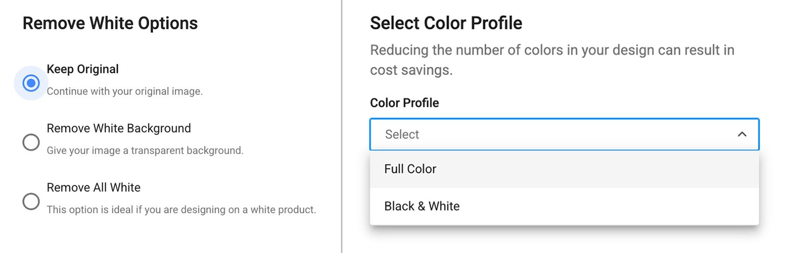 Choose your artwork options — remove white and select color profile