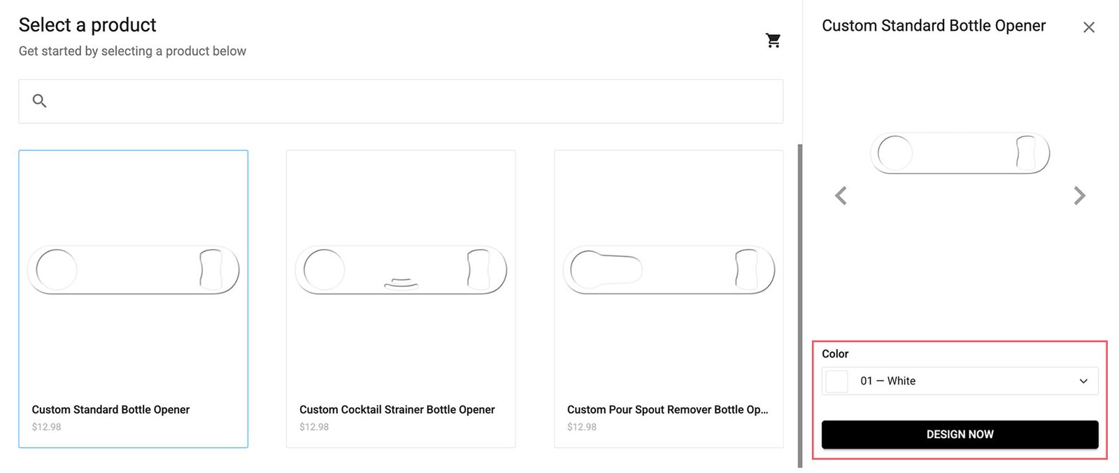 Choose your custom bottle opener color and launch designer tool