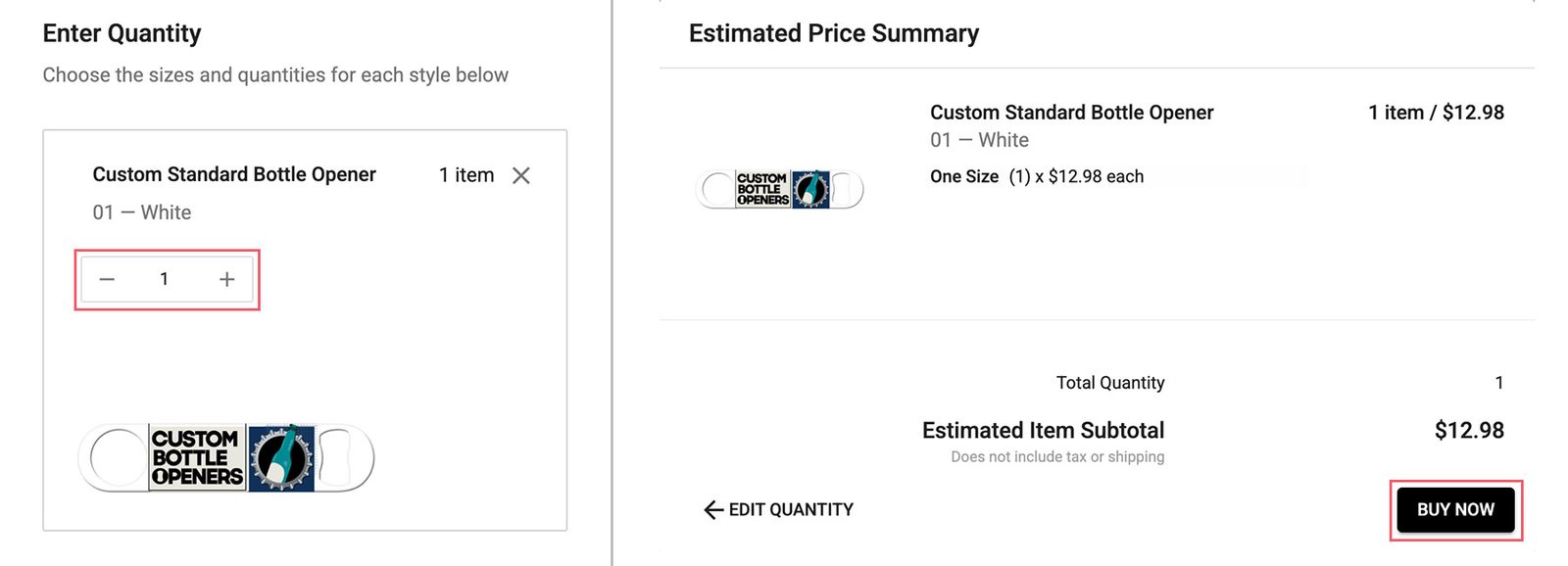 Choose quantity, check price and checkout