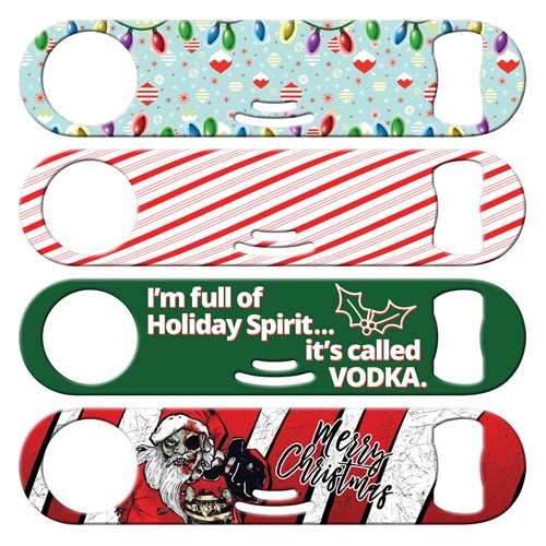 Holiday cocktail strainer bottle openers